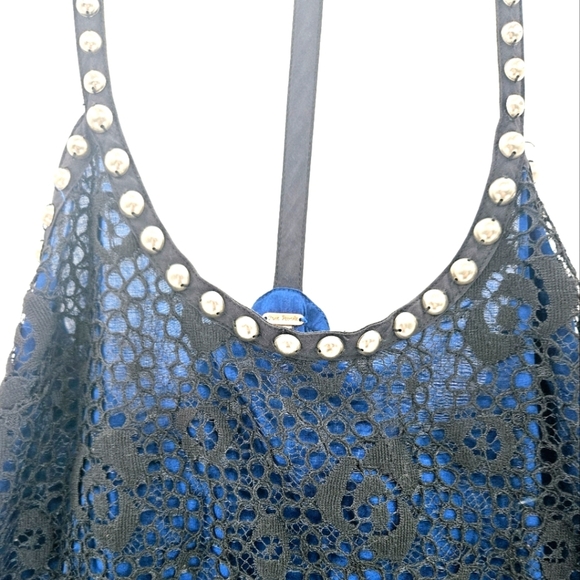 Free People Black Lace Over Blue Dress Studded Straps - Picture 5 of 13
